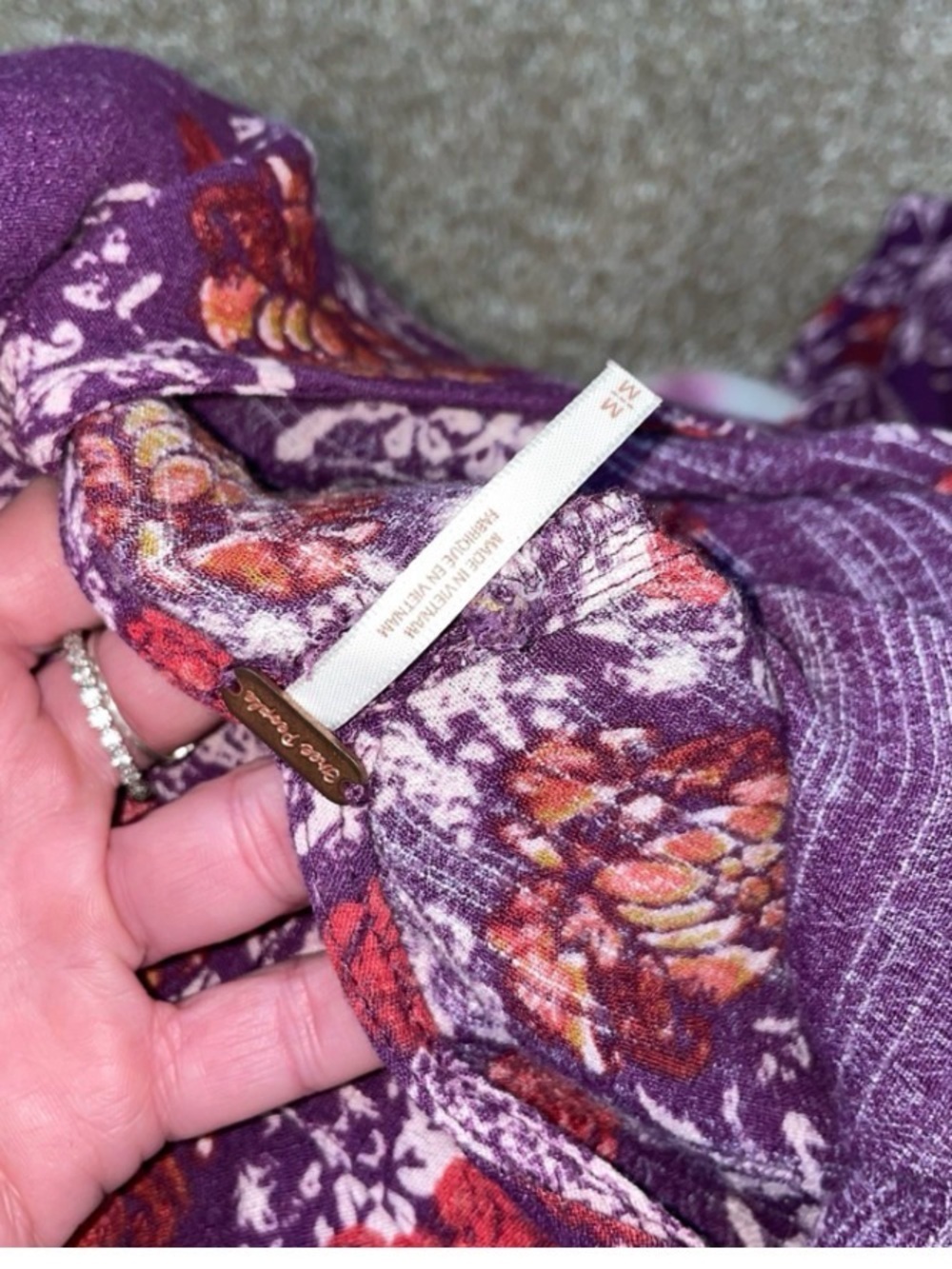 Free People Purple Floral Blouse with Red-Orange Flowers Smooth Talker peplum MD - Picture 5 of 10